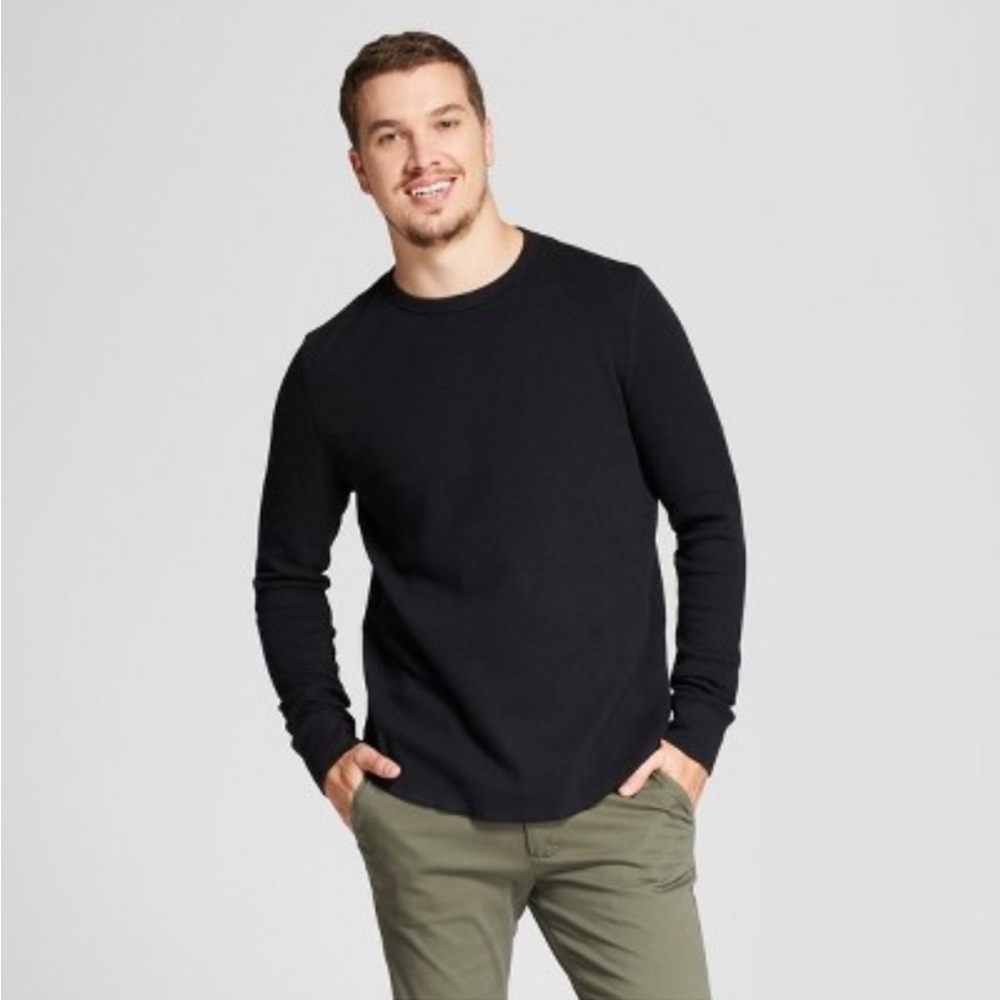 NEW Men's Black Basic Pocket Crew 
Long Sleeve Tee S Lightweight Soft